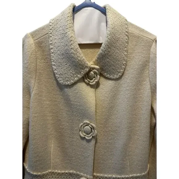 VTG Classiques Entier Cream Merino Wool Jacket Crochet Floral Buttons Size M - Picture 3 of 12